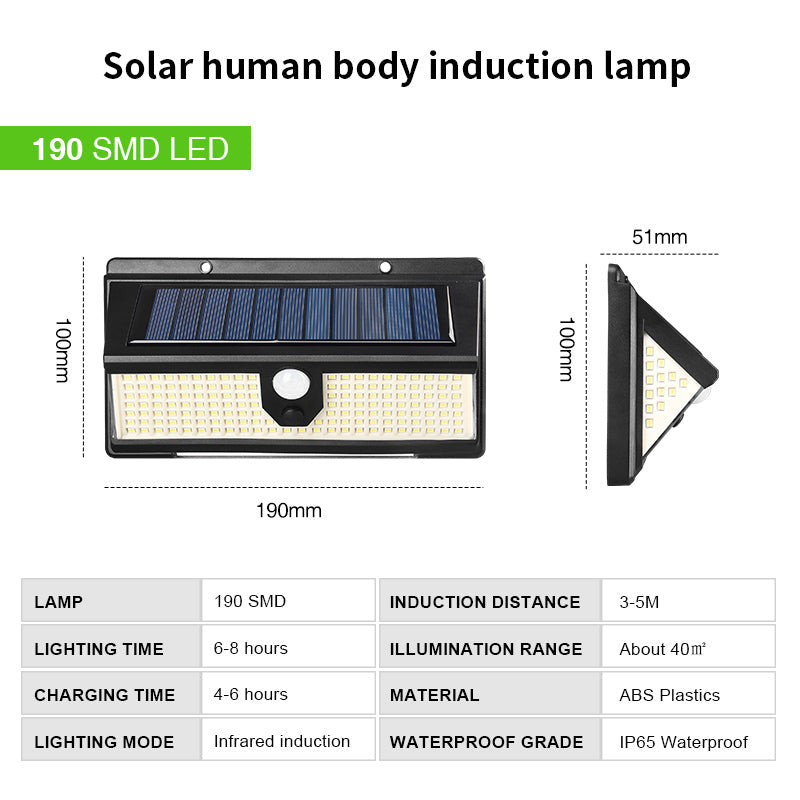 190 LED Solar Lights Outdoor with PIR Motion Sensor, Waterproof Solar Powered Lamp for Courtyard, Garden, Yard