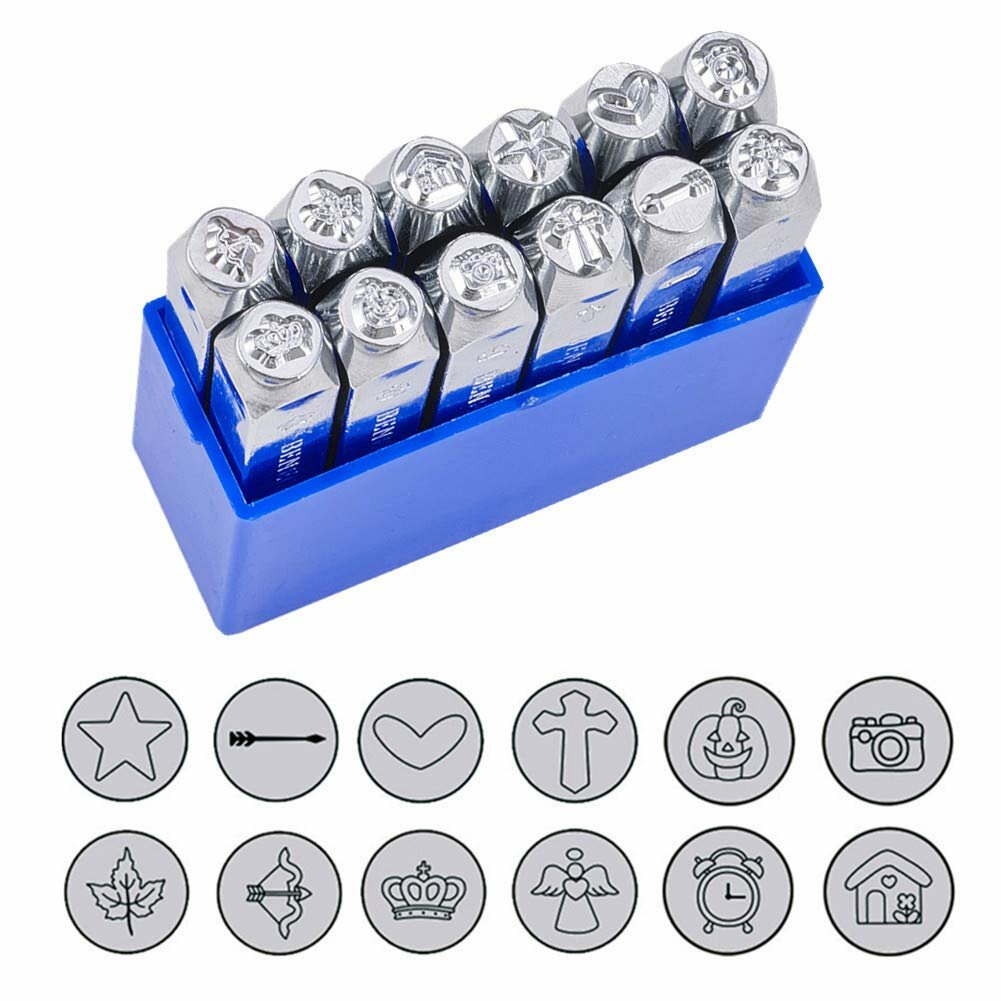 12 PCS Metal Design Stamps, 6mm 1/4" - Hard Carbon Steel Punch Tools for Metal, Jewelry, Leather Craft