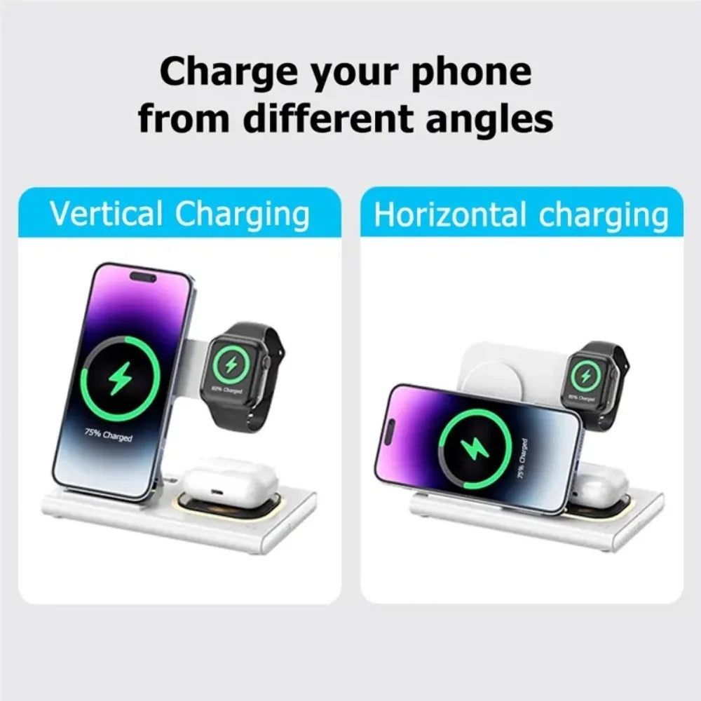 3-in-1 Wireless Charger Stand for iPhone 15/14/13/12, Samsung S23/S22, Galaxy Watch, and Buds