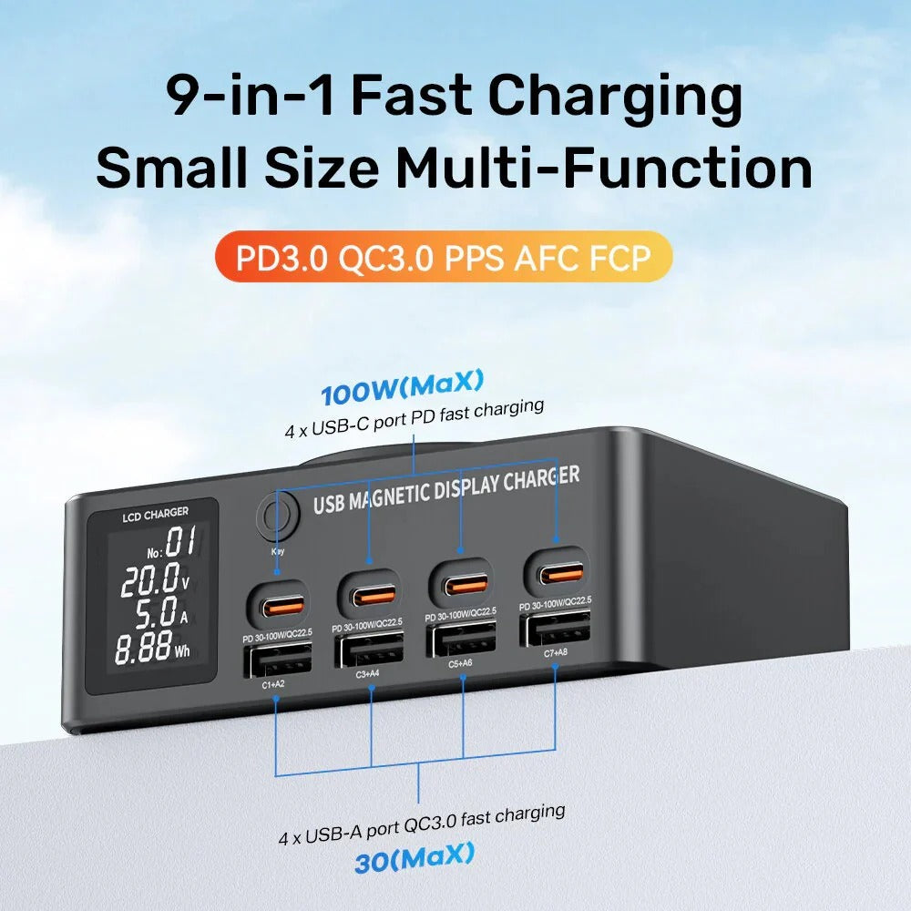 140 W 8-Port USB PD-Ladegerät mit Wireless Pad, Schnellladen für iPhone, Samsung, Huawei, Xiaomi