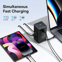 65W GaN 4-Port USB Charger: 2 AC, 1 USB-A, 1 USB-C, Retractable, Fast Charging, EU Plug