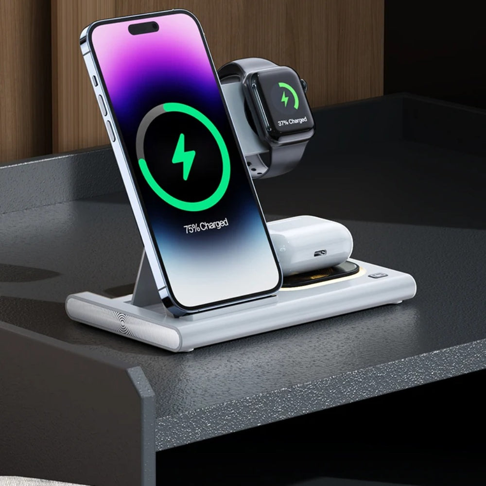 3-in-1 Wireless Charger Stand for iPhone 15/14/13/12, Samsung S23/S22, Galaxy Watch, and Buds