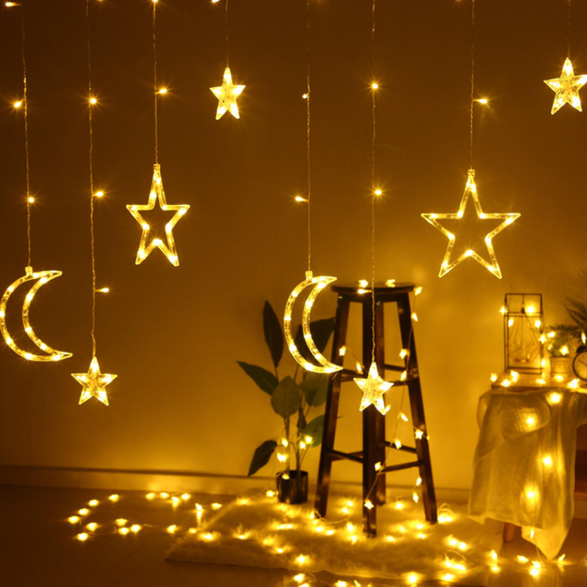 2.5M 3.5M USB LED Moon Star Curtain Fairy String Lights for Christmas, Bedroom, Romantic Decor