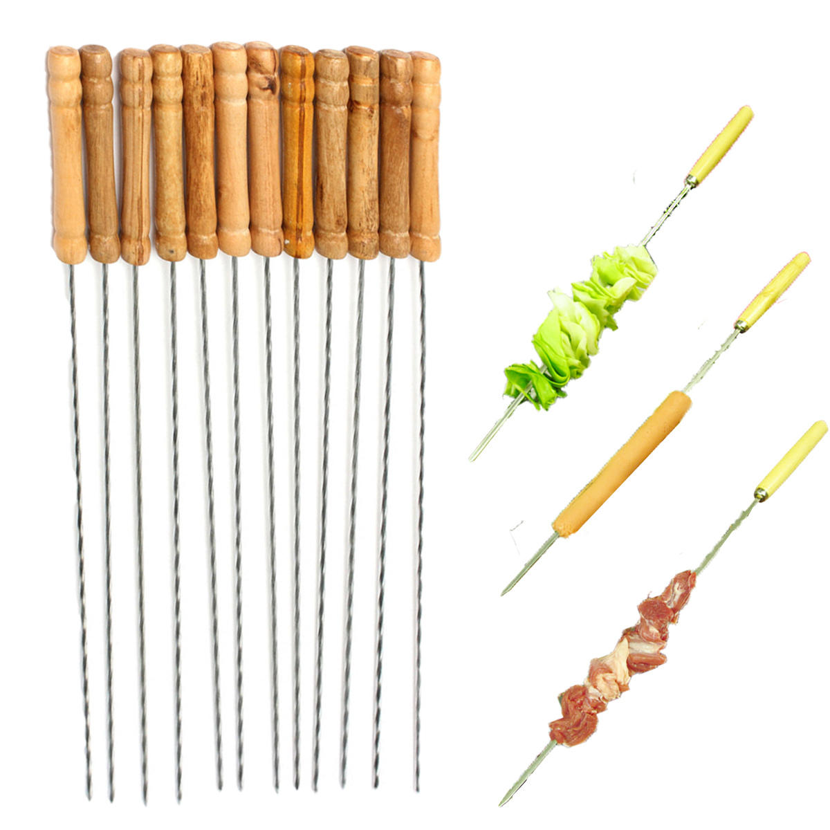 12X Stainless Steel BBQ Skewers 30cm - Metal Kebab Sticks, Barbecue Utensils, Needle Forks