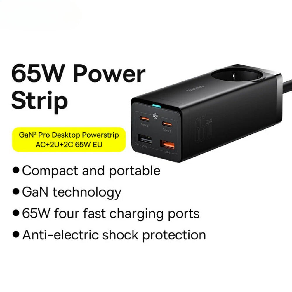 GaN3 Pro 65W 5-Port USB PD Charger with Fast Charging Power Strip EU Plug + 100W Cable