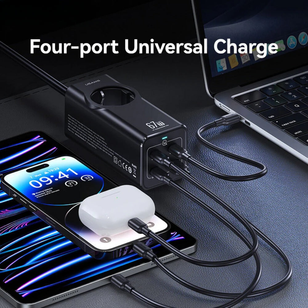 67W 4-Port GaN USB PD Charger, USB-A + 3 USB-C, Fast Charging, EU Plug, 1.5M Cable