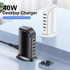 40W 6-Port USB PD Ladegerät, Schnellladestation für iPhone, Huawei, Samsung, Xiaomi