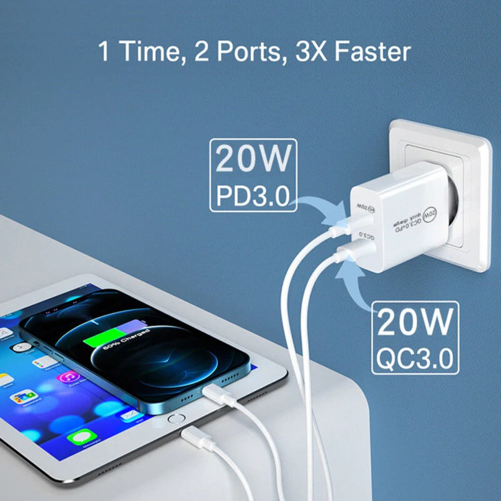 Dual 20W USB-C PD3.0 QC3.0 Fast Charger Adapter EU Plug for iPhone, Huawei, Samsung