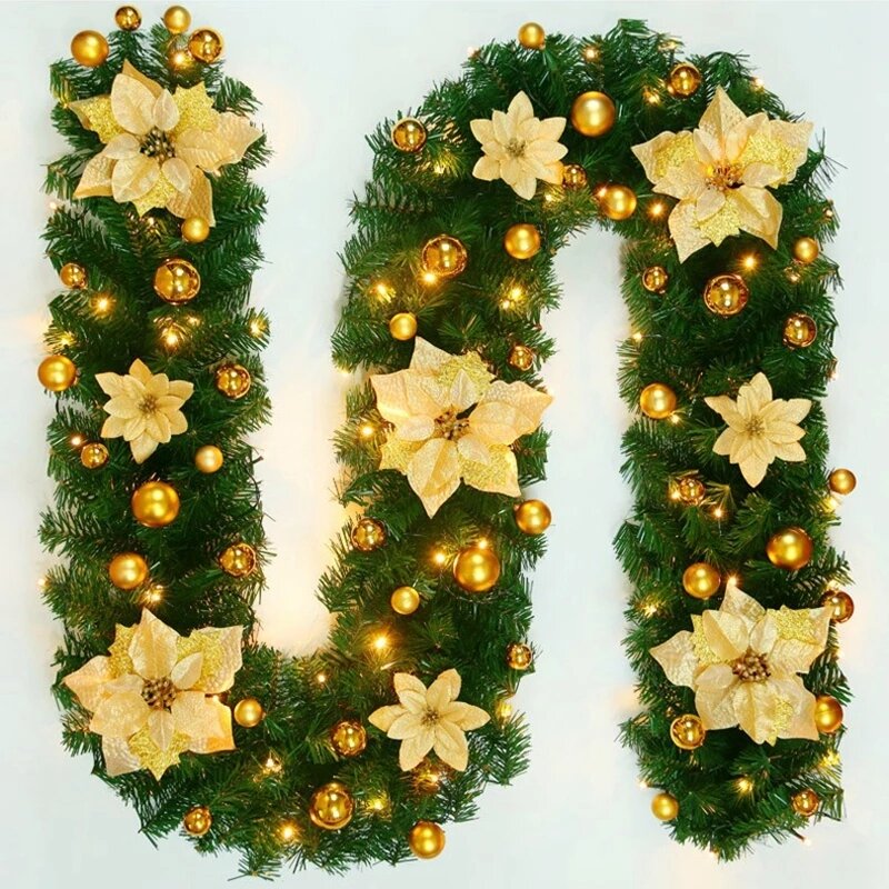 2.7M LED Christmas Rattan Garland - Green Artificial Xmas Tree Decoration Wreath