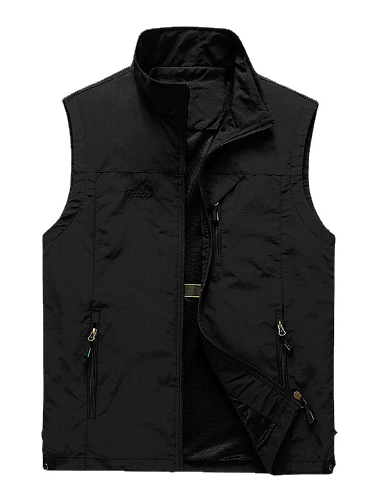 Men's High Collar Outdoor Sports Warm Vest with Zipper and Multi-Pockets