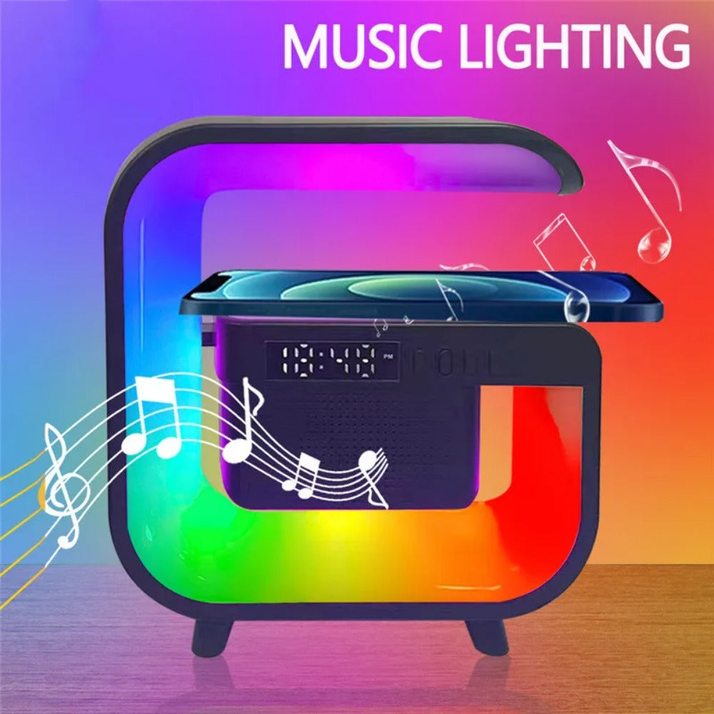 Wireless Charger Stand with Bluetooth Speaker, Alarm Clock, RGB Light, Fast Charging for iPhone, Samsung, Xiaomi