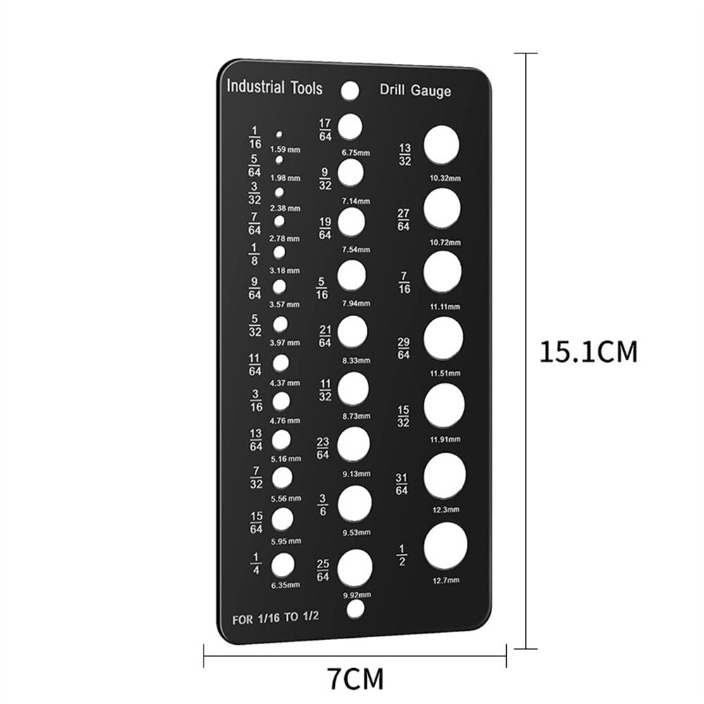 Hochwertiges Bohrmessgerät aus Edelstahl. Messlineal für Muttern und Schrauben. Präzises Größenmesswerkzeug mit Zoll- und Zentimeterangaben auf beiden Seiten.