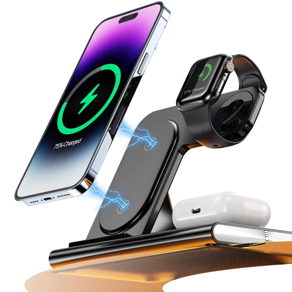 3-in-1 Wireless Charger Stand for iPhone 15/14/13/12, Samsung S23/S22, Galaxy Watch, and Buds