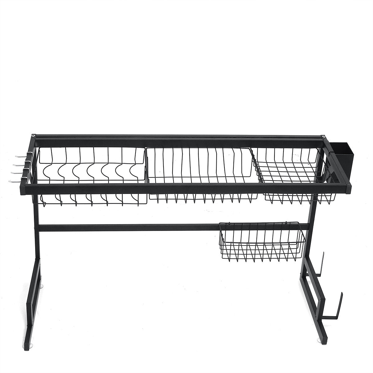 2-Tier Dish Drainer Over Double Sink - Drying Rack for Plates, Bowls, and Fruit - Kitchen Storage Tray