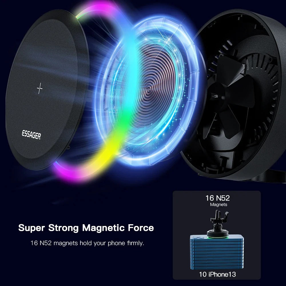 RGB Magnetic Car Phone Holder & 15W Wireless Charger for iPhone 14/13 Pro Max, Samsung Devices