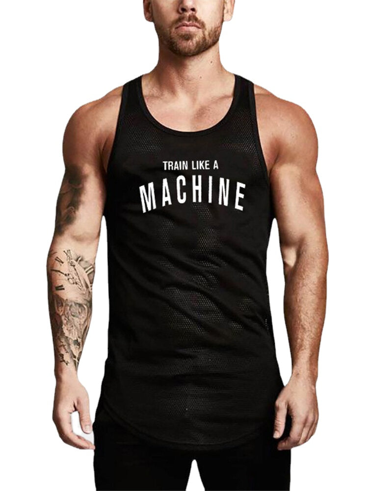 Men's Fitness Workout Tank Tops - Round Neck, Printed Design