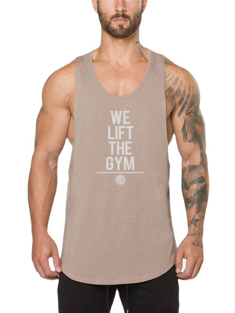 Atmungsaktive ärmellose Fitness-Tanktops aus Baumwolle für Herren – 5 Farben, Textdruck