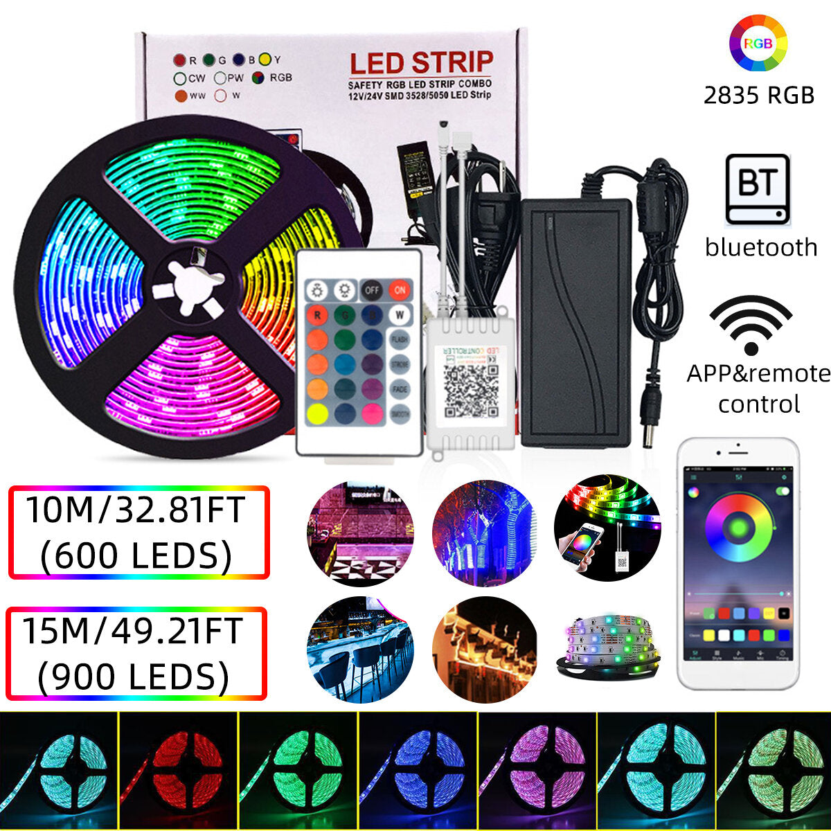 10M/15M Bluetooth RGB LED Strip Light, 32.81FT/49.21FT, Non-Waterproof, 2835, Flexible, 24-Key Remote, DC12V