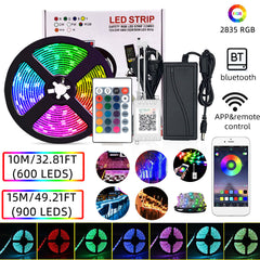 10 m/15 m Bluetooth RGB-LED-Lichtstreifen, 32,81 ft/49,21 ft, nicht wasserdicht, 2835, flexibel, 24-Tasten-Fernbedienung, DC 12 V