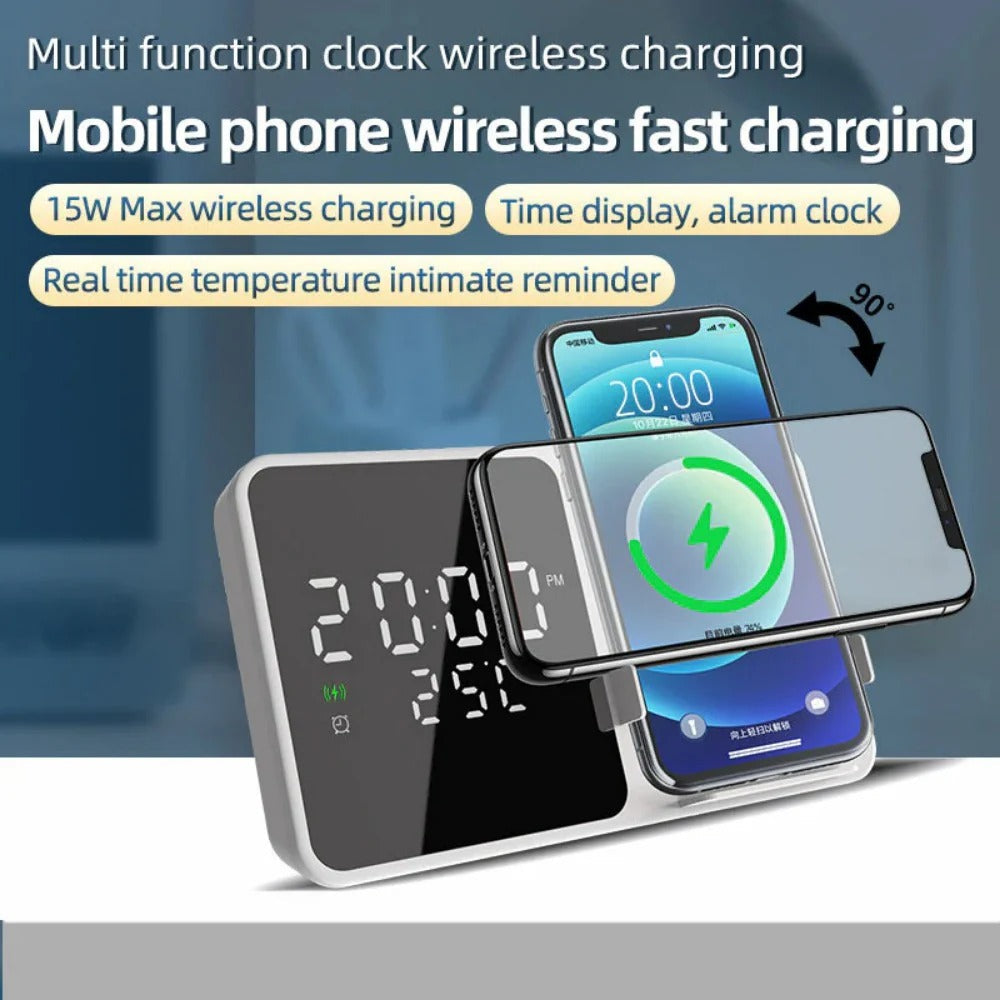 15W Wireless Charger Alarm Clock with Temperature Display for iPhone, Huawei, Samsung