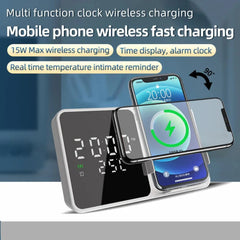 15W Wireless Charger Alarm Clock with Temperature Display for iPhone, Huawei, Samsung