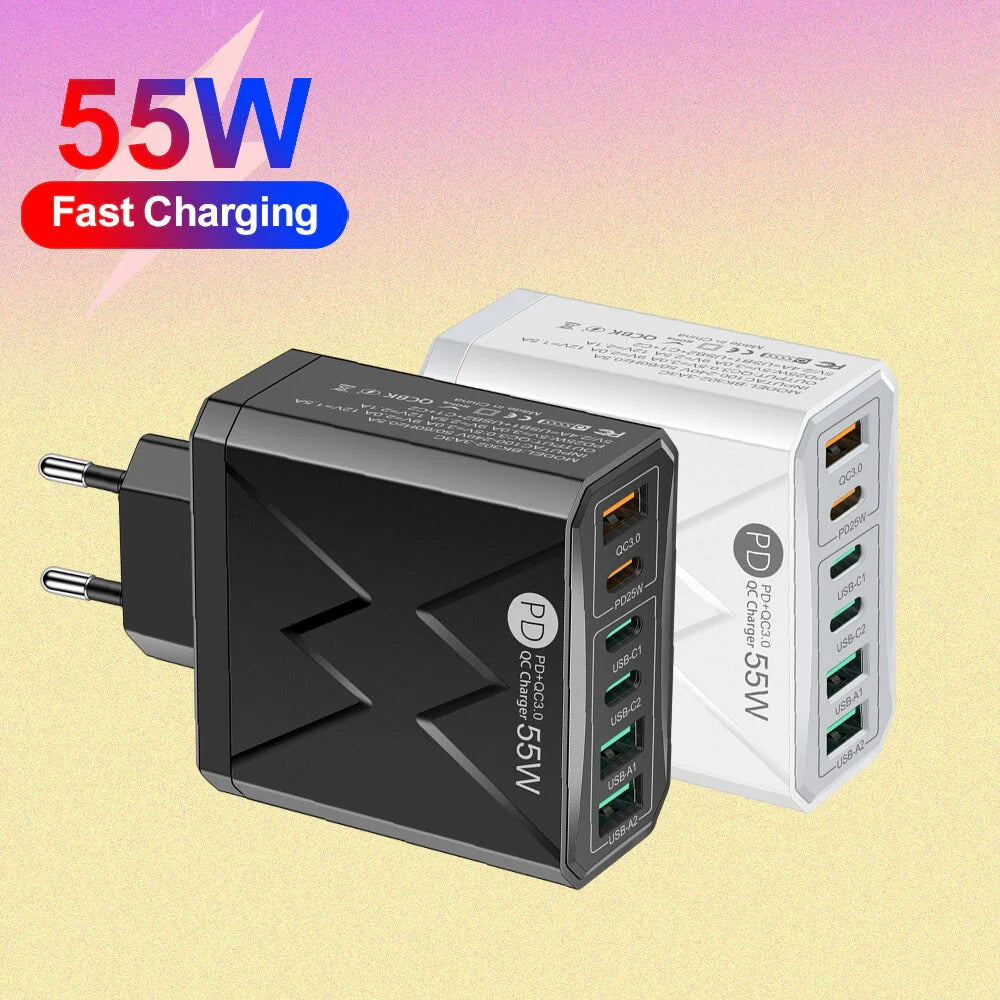 6-Port USB PD Charger: 3 USB-A & 3 USB-C Fast Charging Adapter for iPhone, Samsung, Huawei