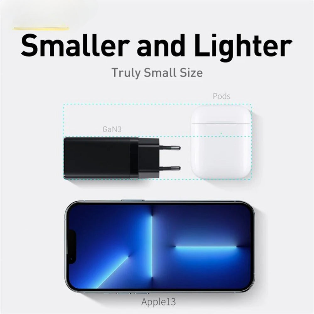 GaN3 Pro 65W 3-Port USB PD Charger with 100W Type-C Cable - Fast Charging Adapter