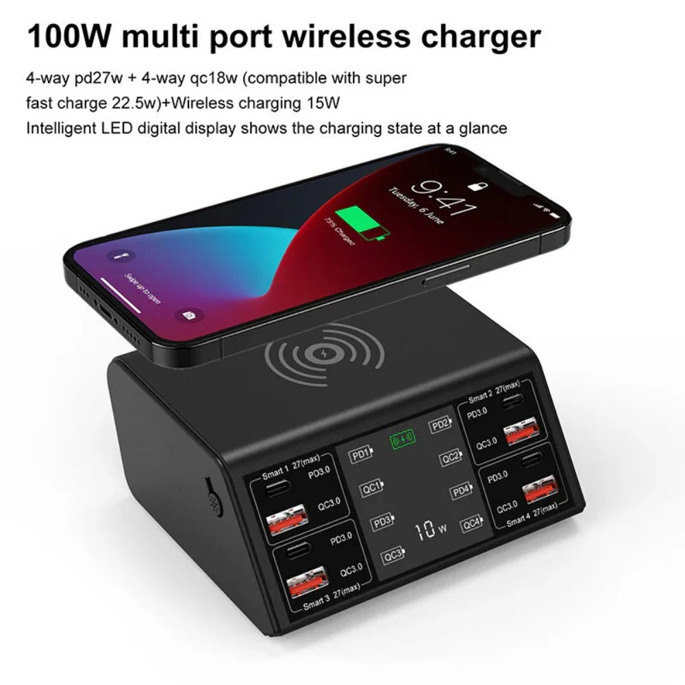 100 W 8-Port USB-PD-Ladegerät mit kabellosem Pad, Schnellladen für iPhone, Samsung, Oppo, Redmi