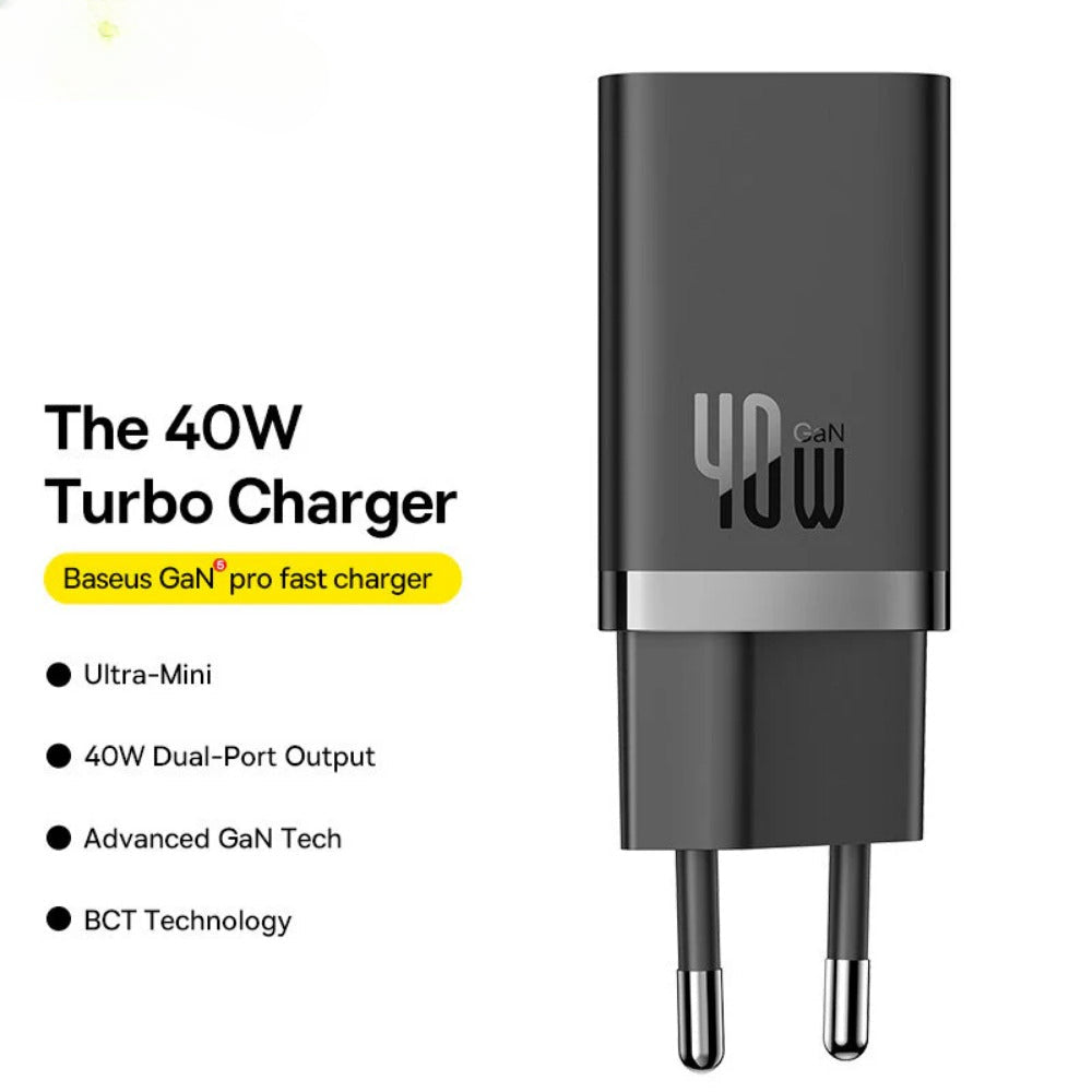 GaN5 Pro 40W Dual USB-C Fast Charger, EU Plug for iPhone, Huawei, Xiaomi, Samsung