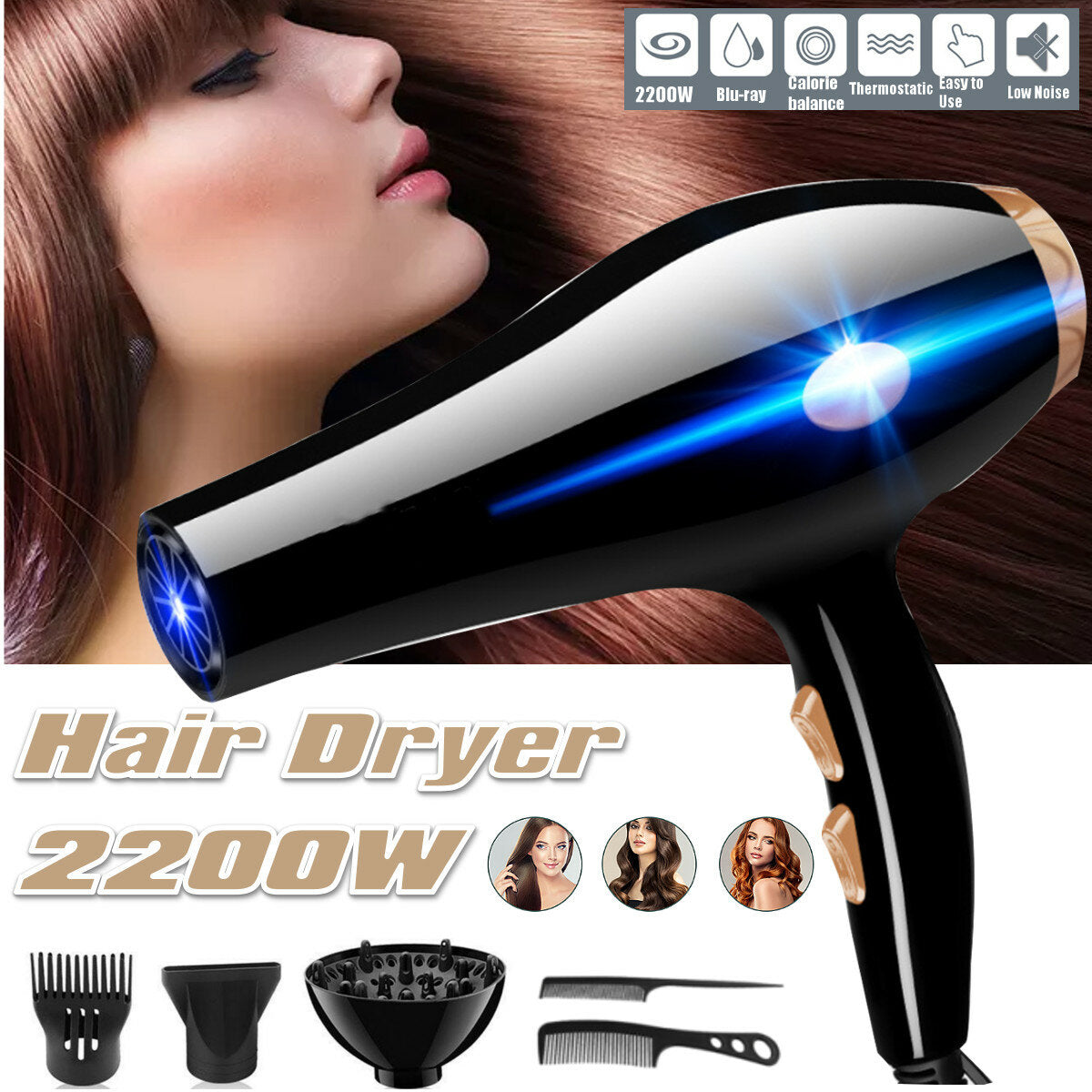 2200W Hair Dryer with 5-Speed Adjustment, Thermostatic Control, Blue-ray Diffuser, and Comb Kit