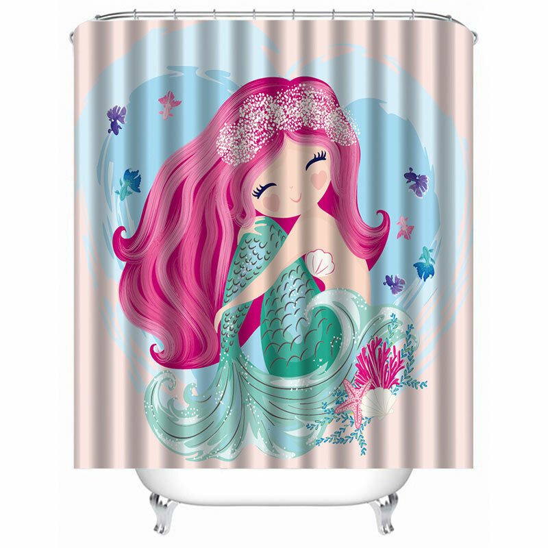 Pink Mermaid Shower Curtain - Waterproof Fabric, 12 Hooks, Cartoon Mermaid Wave Fish Design for Kids & Adults Bathroom Decor