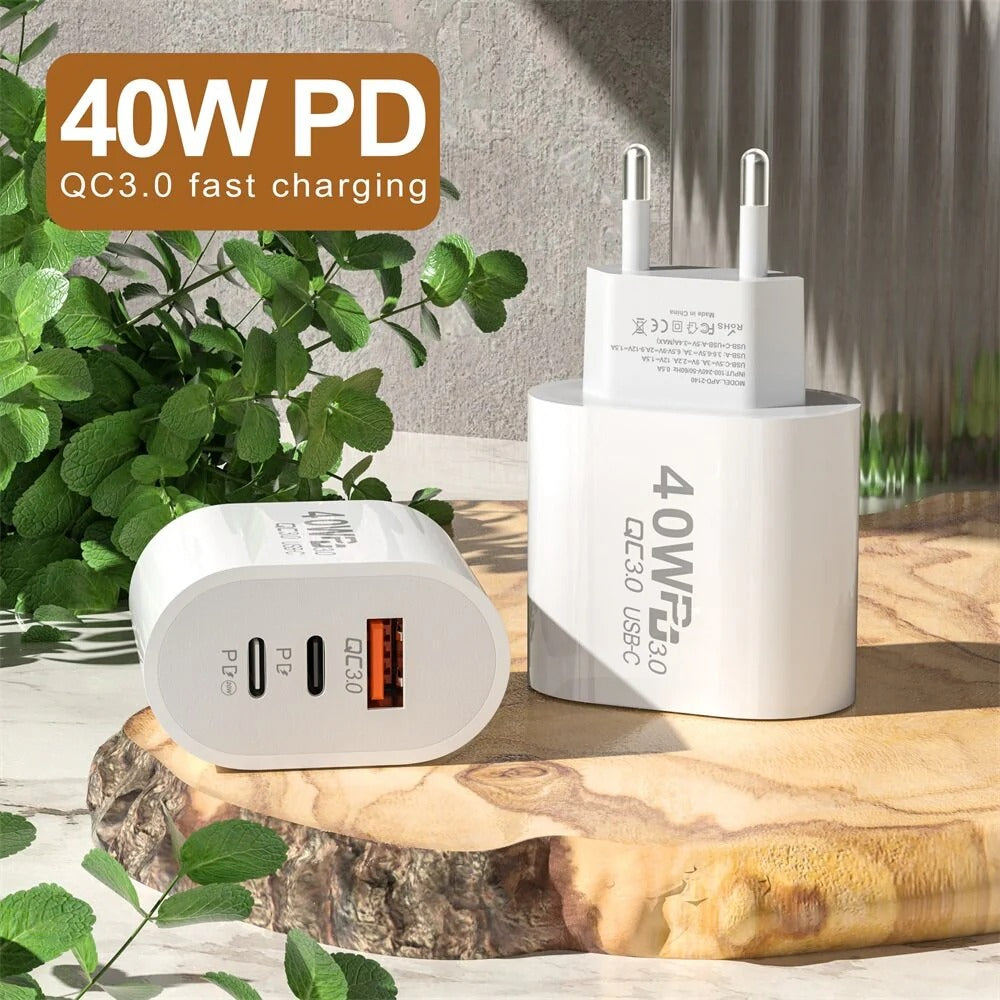 40W 3-Port USB PD Charger: Dual USB-C & USB-A Fast Charging Adapter for iPhone, Samsung, Huawei