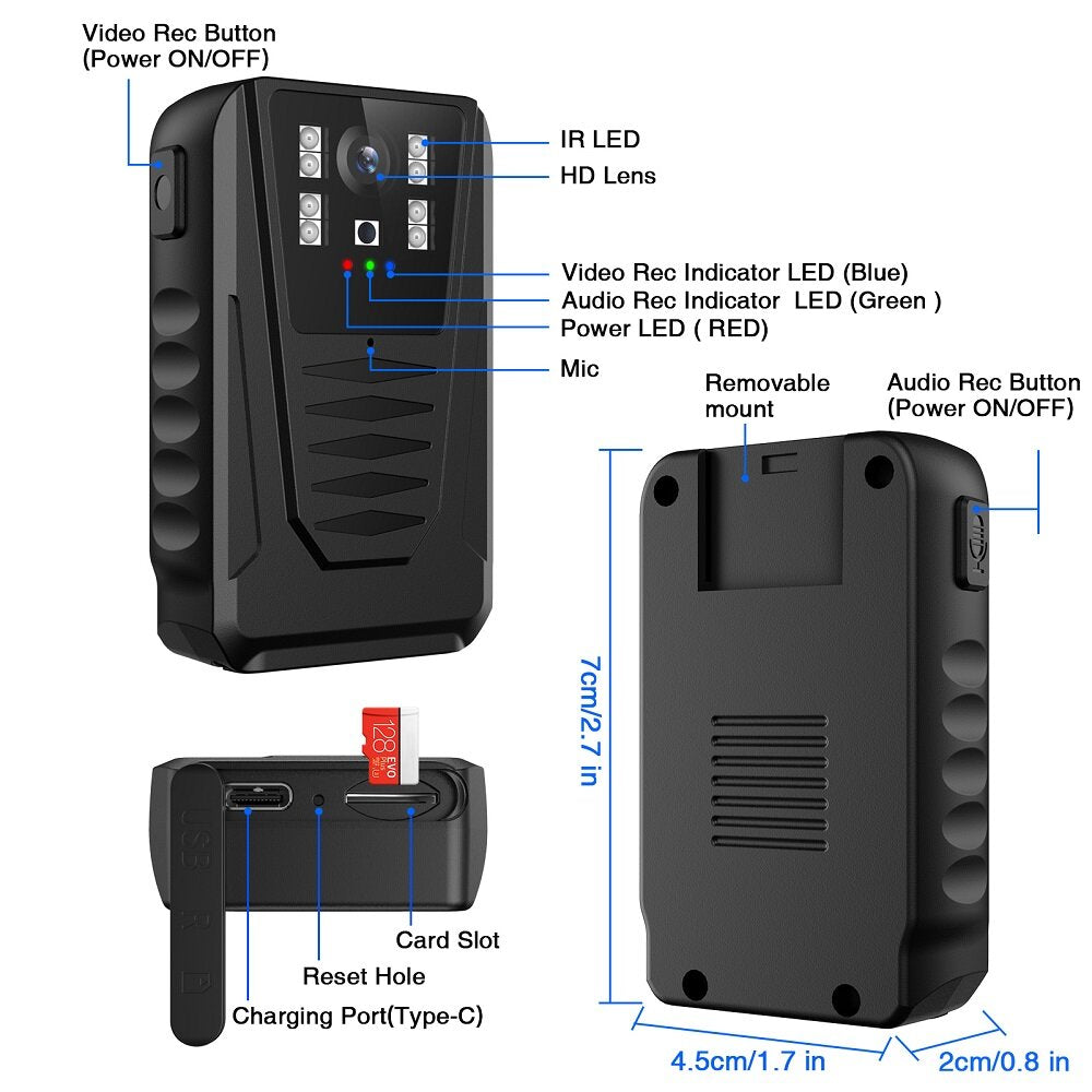 1080P Mini-Recorder-Kamera mit Infrarot-Nachtsicht, IP64 wasserdicht, FHD, 130-Grad-Weitwinkel, tragbarer Video- und Audiorecorder