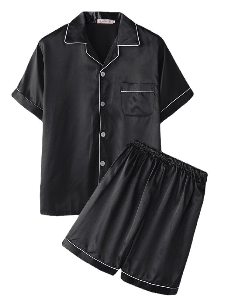 Men's Two-Piece Faux Silk Pajama Set - Plain Lapel Collar Satin Sleepwear Top