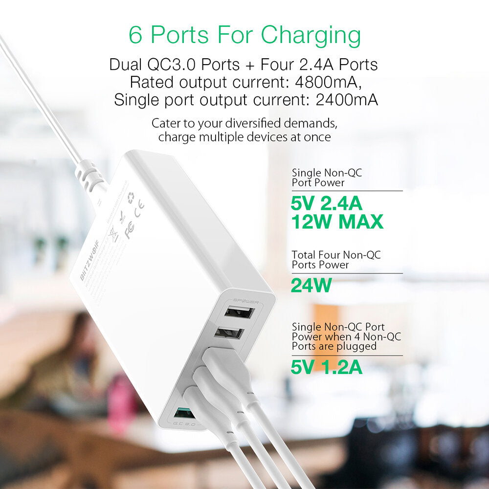 60 W 6-Port USB-Ladegerät mit Dual QC3.0, Desktop-Ladestation, EU-Steckeradapter