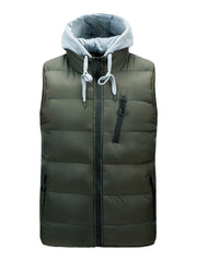 Men's Solid Color Warm Padded Gilet Vest with Detachable Hood and Zipper