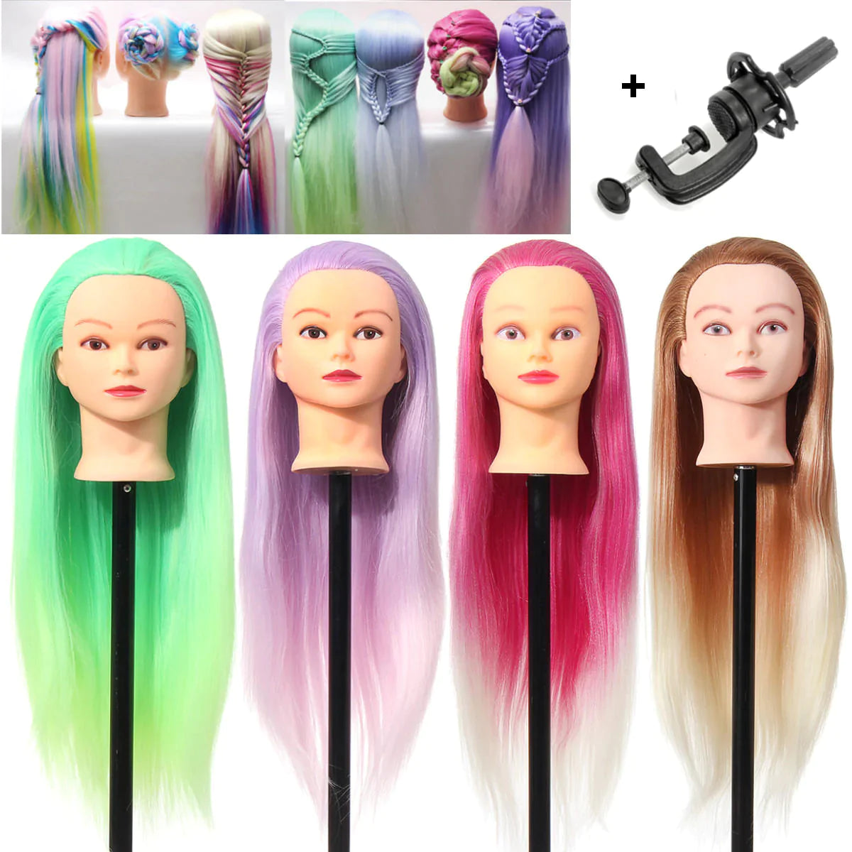 27'' Colorful Mannequin Head for Hairdressing Practice Training Salon with Clamp