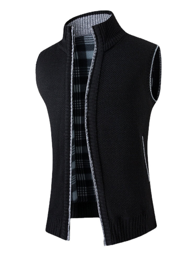 Men's Solid Color Knitted Warm Lined Sleeveless Vests with Zipper Side Pockets