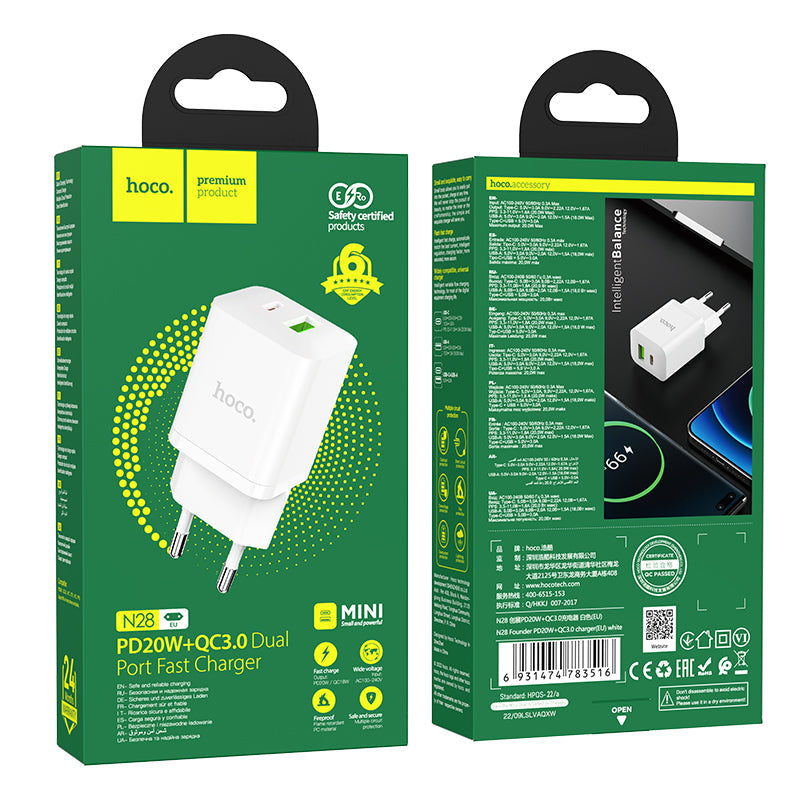 20 W Dual Port USB PD+QC3.0 Schnellladegerät EU-Stecker für iPhone, iPad, Huawei, Xiaomi