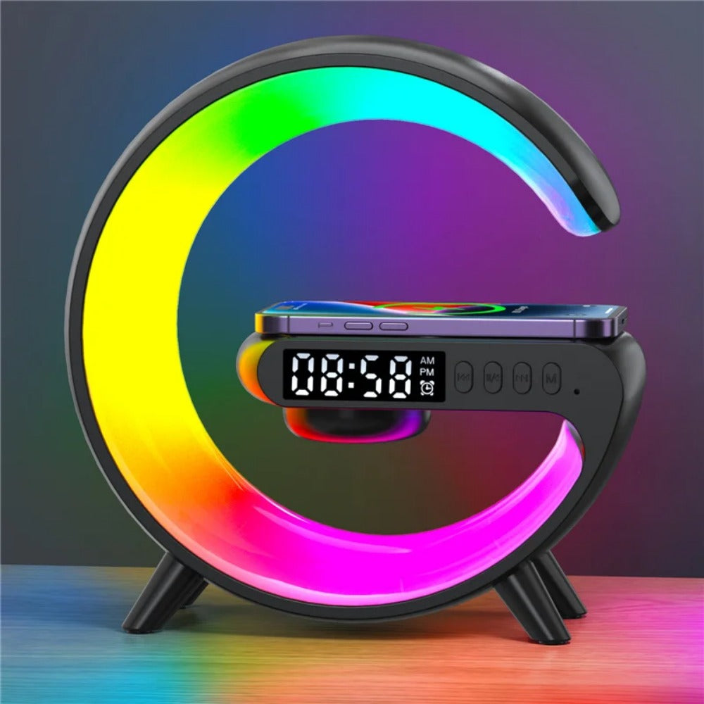 Wireless Charger Stand Speaker with RGB Night Light, Alarm Clock, Fast Charging for iPhone, Samsung, Xiaomi