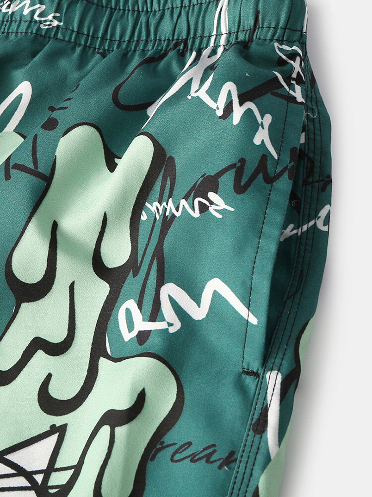 Schnelltrocknende Boardshorts für Herren mit lustigem Graffiti-Print und Netzfutter, lässiger Urlaubs-Shorts