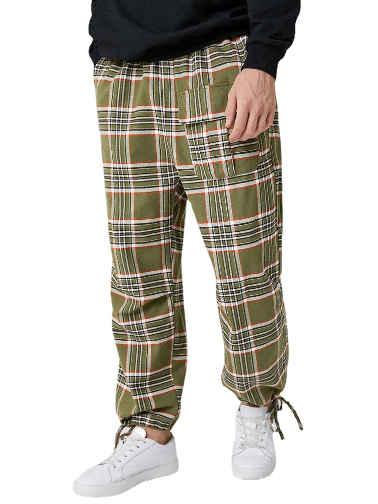 Men's Cotton Plaid Jogger Pants with Multi Pockets and Elastic Drawstring Waist