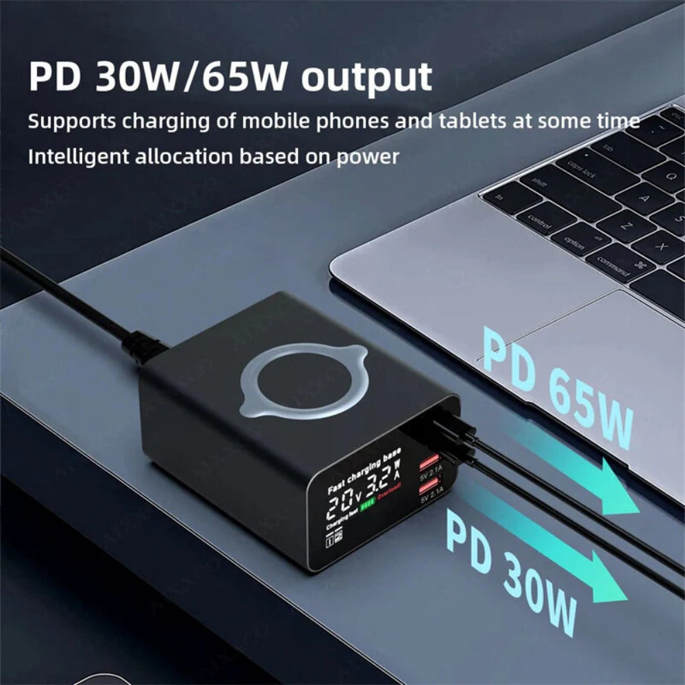 110W 4-Port USB PD Charger: 2 USB-A, 2 USB-C, Fast Wireless Charging Station, EU Plug, for iPhone, Huawei, Samsung, Xiaomi