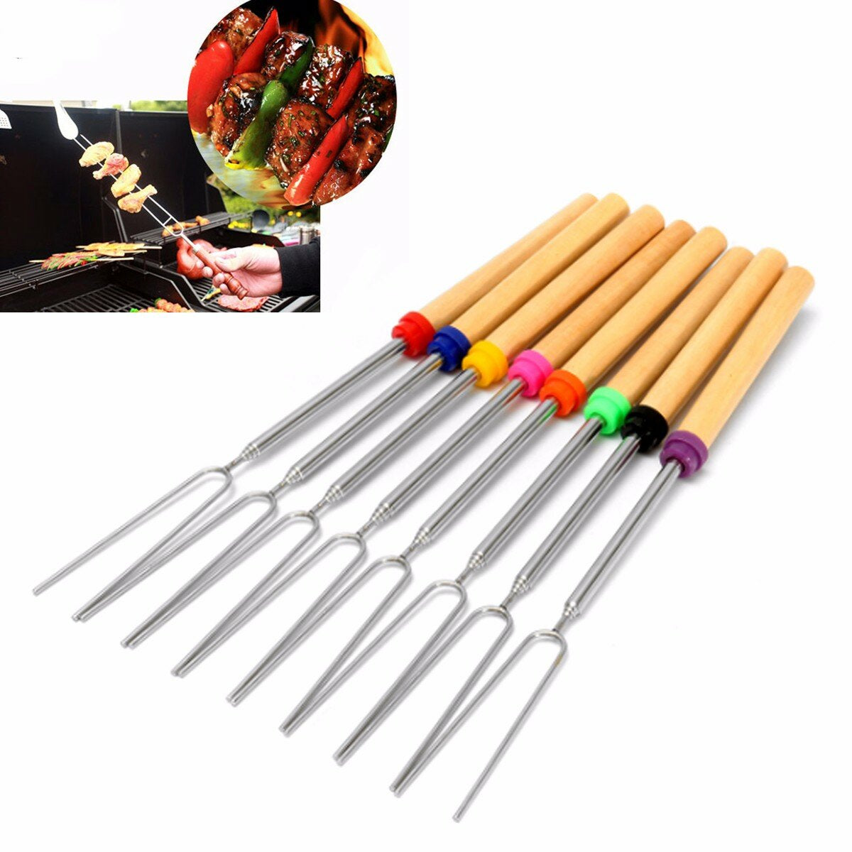 8-Piece 32-Inch Colorful Telescopic Marshmallow Roasting Skewers BBQ Forks - BBQ Tools