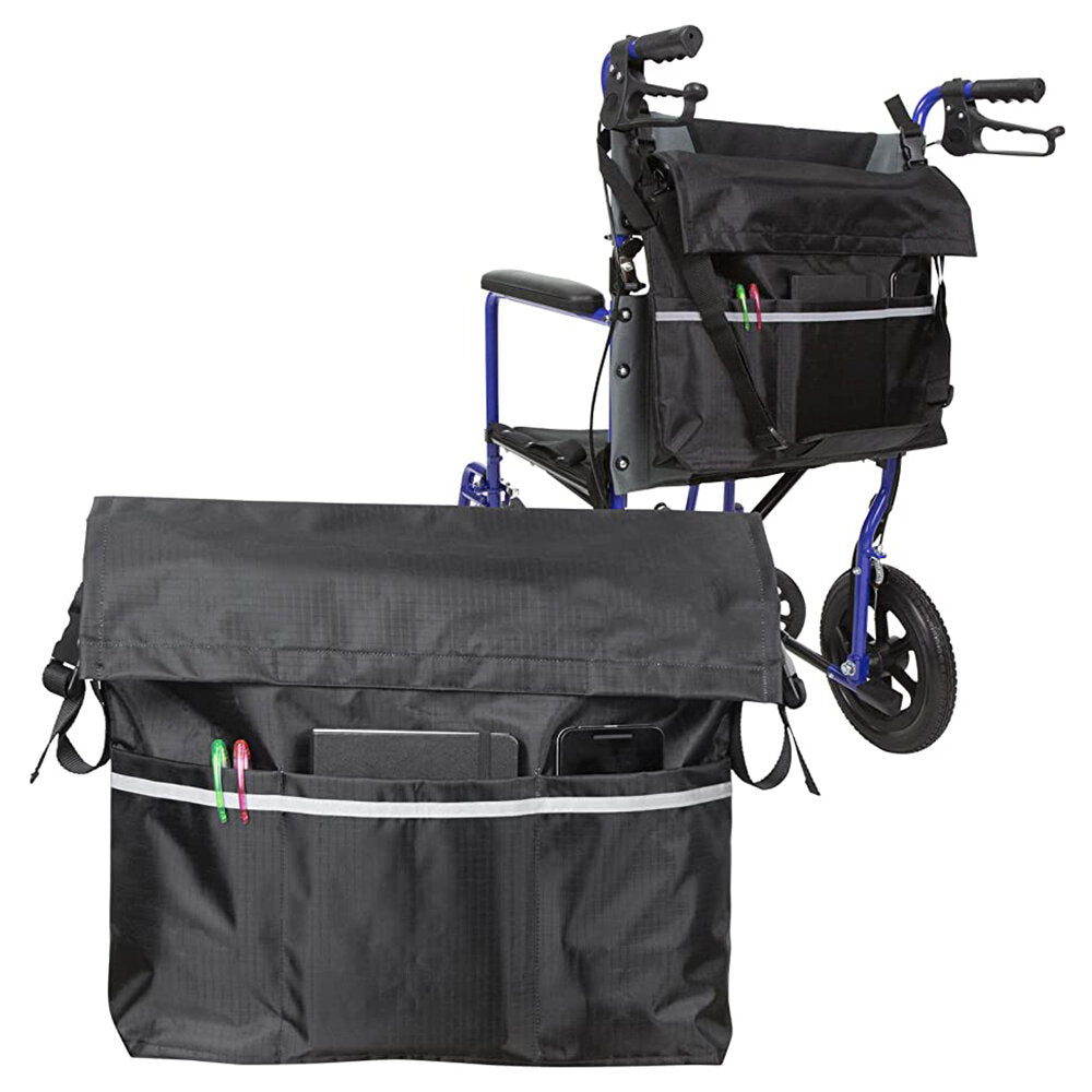 Multi-Pocket Wheelchair Storage Bag with Reflective Strip - Shoulder Hanging Pouch for Wheelchairs