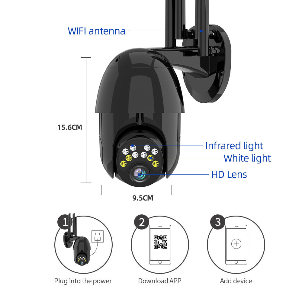 1080P HD PTZ-IP-Kamera für den Außenbereich, 10 LEDs, 5-facher Zoom, Zweiwege-Audio, Sprachalarm, wasserdicht, Nachtsicht, schwarz