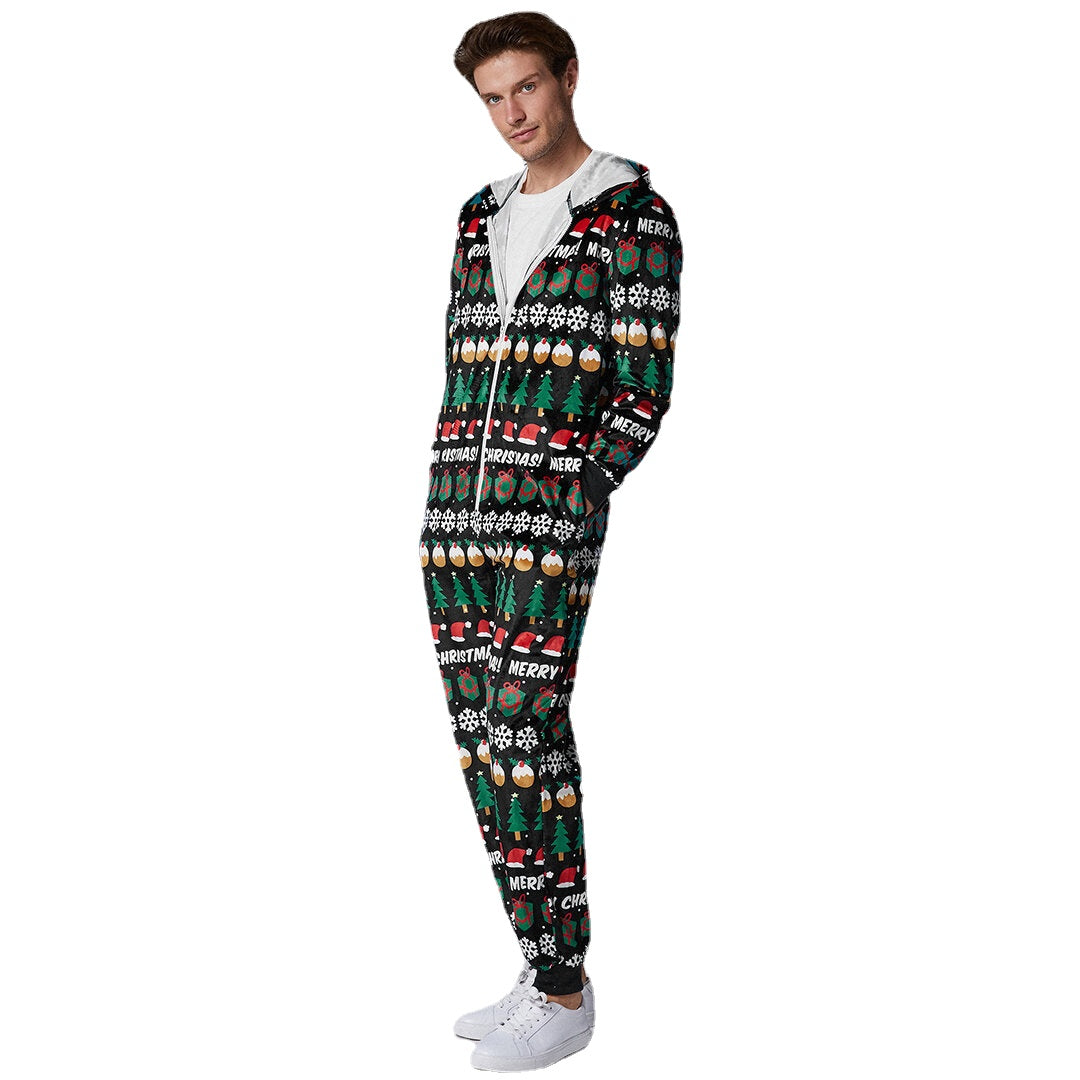 Men's Christmas Pattern Hooded Onesie Pajama Set - Holiday Loungewear with Zip Down Design