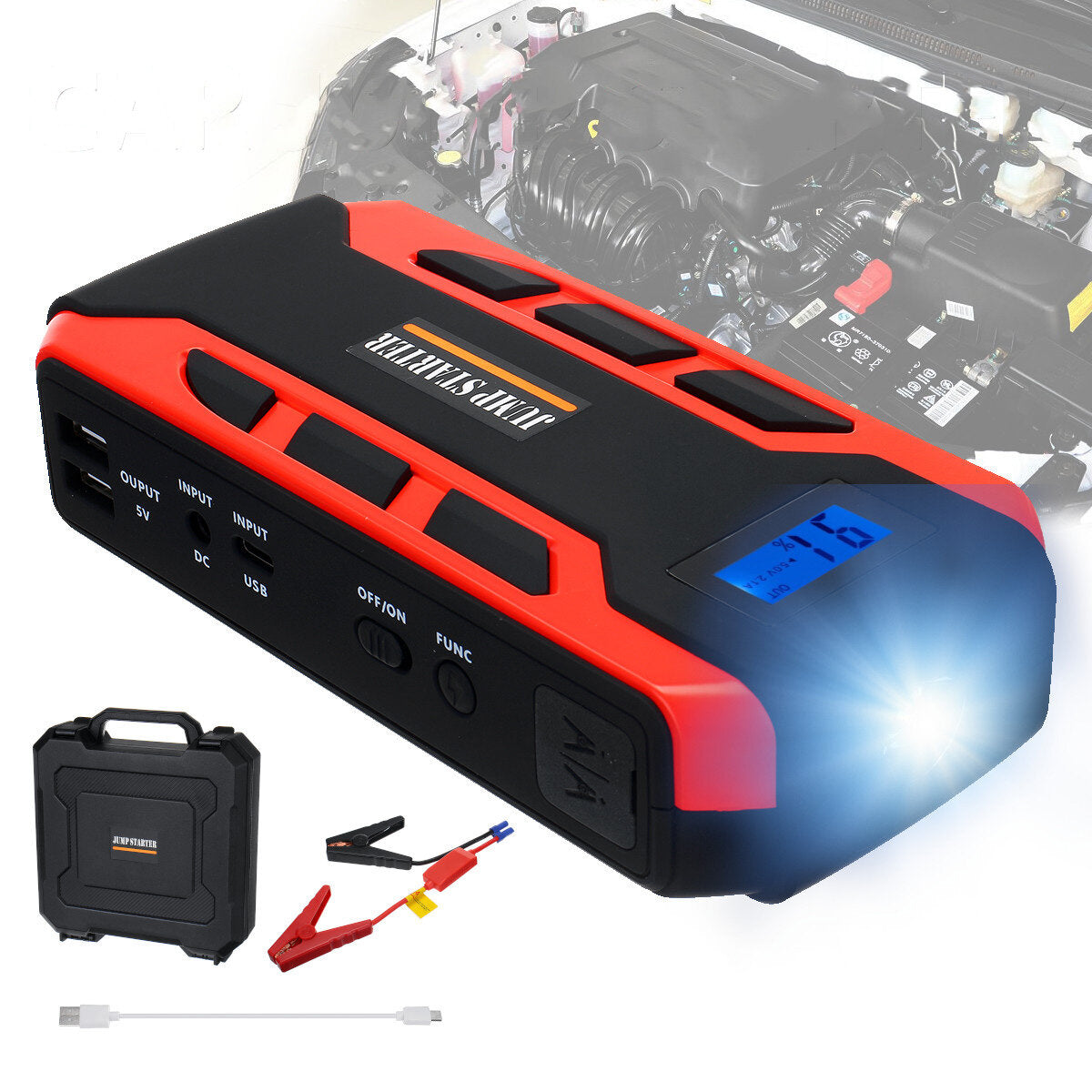 800A 12V Car Jump Starter - Emergency Battery, Flashlight, Power Bank for RV Travel