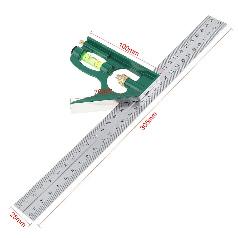 12 Zoll (300 mm) verstellbares Kombinations-Winkellineal 45/90 Grad mit Wasserwaage – multifunktionales Messwerkzeug