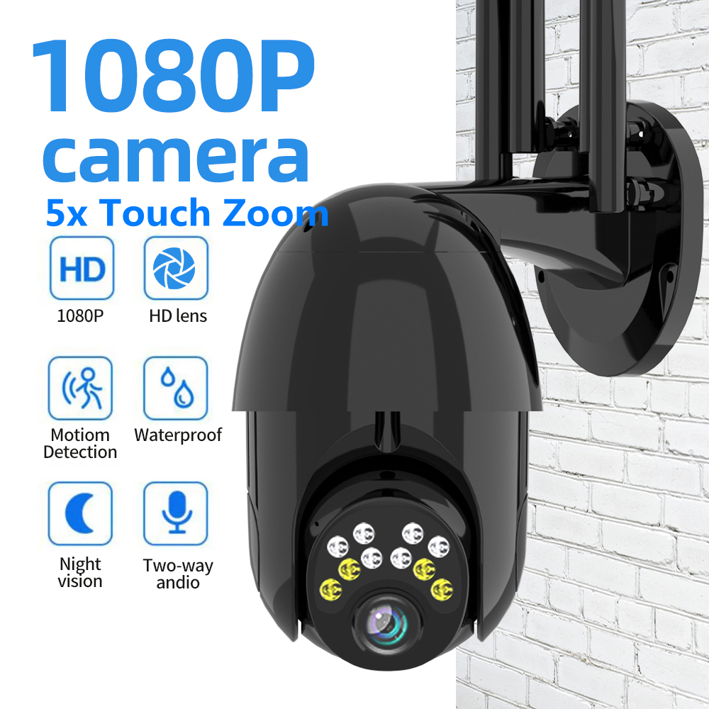 1080P HD PTZ-IP-Kamera für den Außenbereich, 10 LEDs, 5-facher Zoom, Zweiwege-Audio, Sprachalarm, wasserdicht, Nachtsicht, schwarz